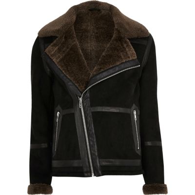 Black borg lined faux suede jacket